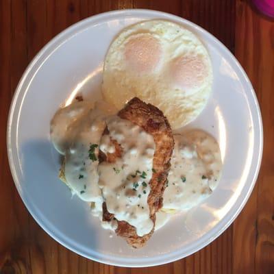 Fried chicken over biscuits and gravy. $14