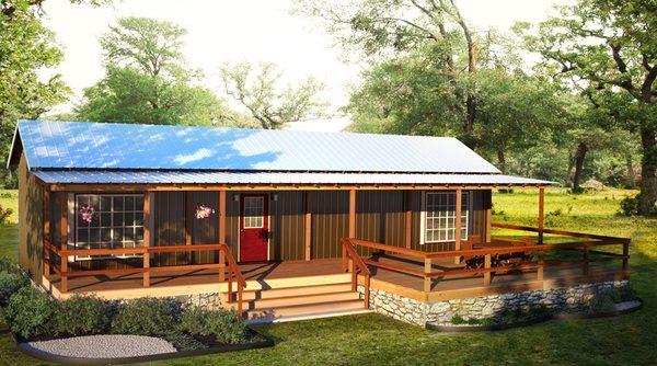 The Texas Two-Step, a fully finished 2-bed/2-bath cabin. (with stairs & deck added later)