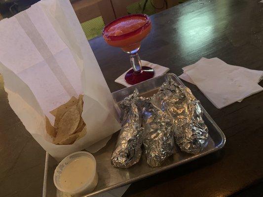 3 tacos and a margarita w/ chips and queso