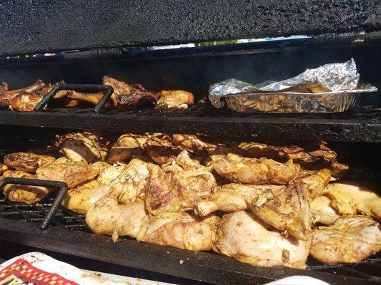 Malvo's famous jerk chicken been prepared on the grill