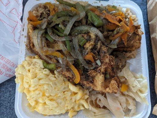 Jerk Fish, Mac & Cheese, Cabbage