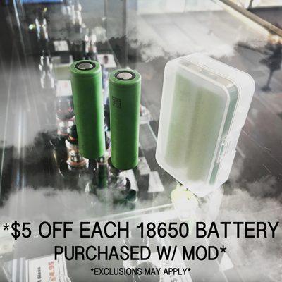 Save $5 on EACH 18650 purchased with a mod!