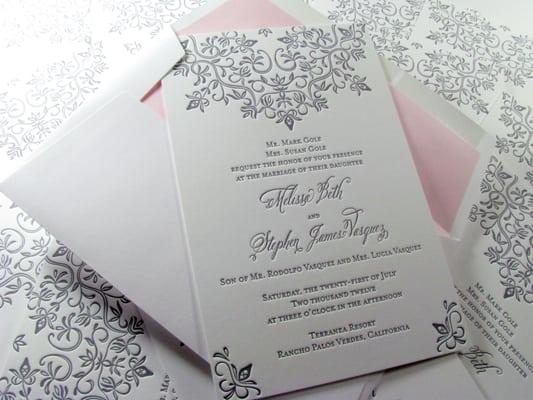 Modern lace letterpress wedding invitation with cotton envelope and pink liner.