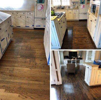 Before & After of my team restoring badly damaged hardware floors.