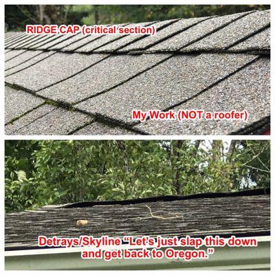 Poor ridge cap install.  The ridge cap is critical to the integrity of your roof.