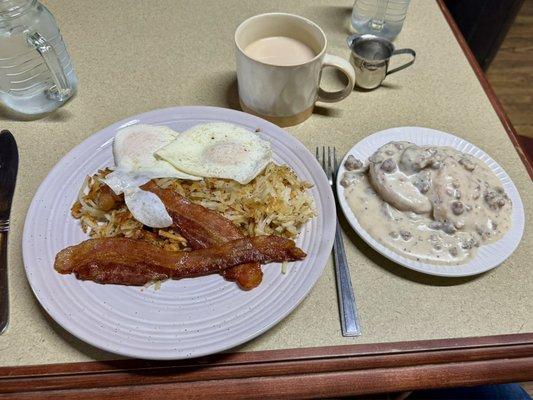 Griddle breakfast and a half order of biscuits and gravy.