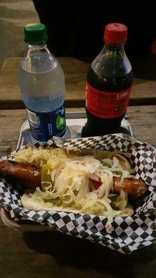 Half pound polish kielbasa with the works, Water, & Coke