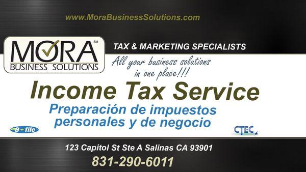 Income Tax Service | Preparacion de impuestos personales y de negocio. 123 Capitol St Ste A Salinas CA 93901, Tel 831-290-6011