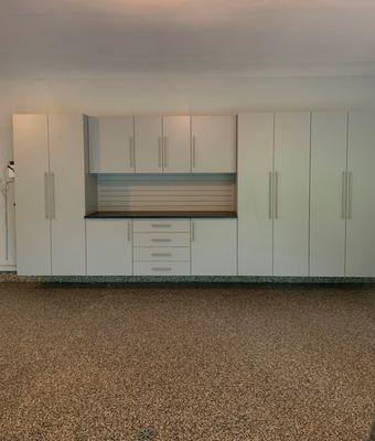 Monkey Bars Cabinets in London Grey. Polyureau floor coating in chip color Gunflint Trail.