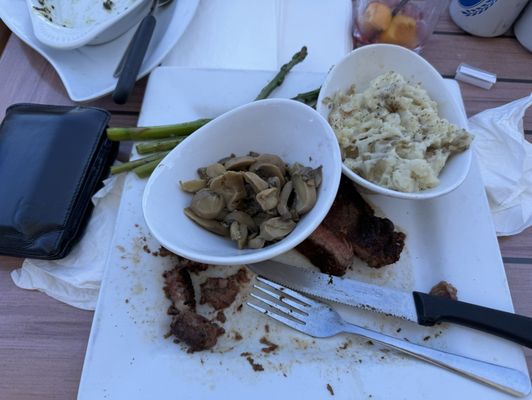 Uncooked unseasoned mushrooms, cold potatoes and a poor attempt at ribeye cooked to medium.