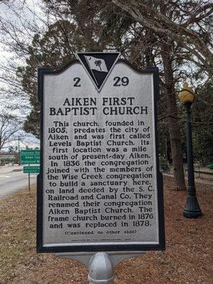 Historical marker, First Baptist Church, Aiken