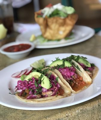 Fish (cod) tacos and taco salad (each about $20)