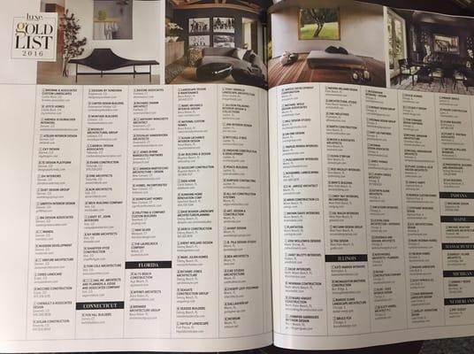 Arkin listed in LUXE DESIGN MAGAZINE , Front cover of December 2015 LUXE MIAMI .  2016 Golds List Residential Contractors.