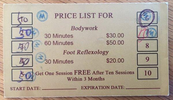 Price list for services, as appears on their loyalty card.