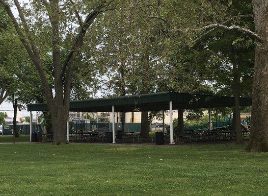 A large pavilion can accommodate groups and has the playground behind it.