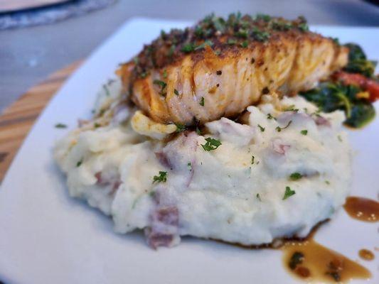 Whiskey Glazed Salmon w/Whipped Parmesan Mashed Potatoes