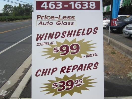 Windshields starting at $99.00 + Installation and Windshield Chip Repairs for $39.95