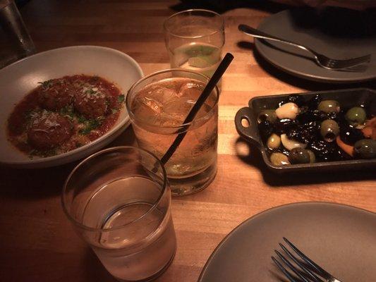 Deep fried risotto and olive assortment.