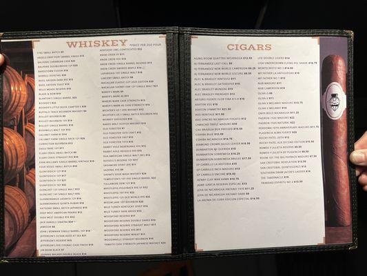 Whiskey and Cigar menu. There are more options in store than what is on this list.