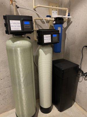 Whole house dual water filtration and water softening system