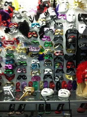 The mask wall at Lakewood Costumes is constantly changing with new designs, in a range of colors and prices.