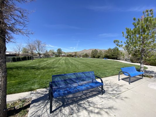 Benches with a grassy area behind them.