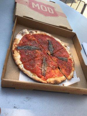 Original "marinara" pizza, Naples-style. Just red sauce, 4 anchovies and herbs.