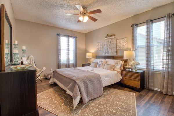 Enjoy spacious and luxurious living in our one- bedroom apartments. Shown is a queen sized bed in our one-bedroom apartments.