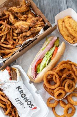 Chicken Tenders, Fries, Sub, Gyro, and Onion Rings