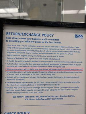 Return / Exchange policy posted in store.