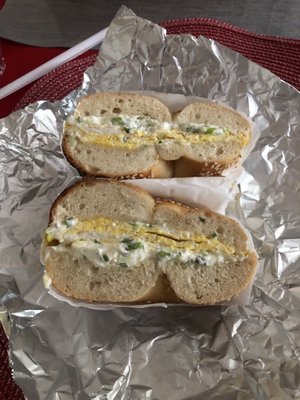 Sesame bagel, eggs, scallion cream cheese (we ordered delivery)