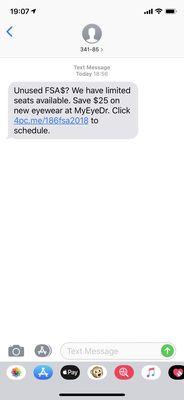 Scam text message sent by MyEyeDr