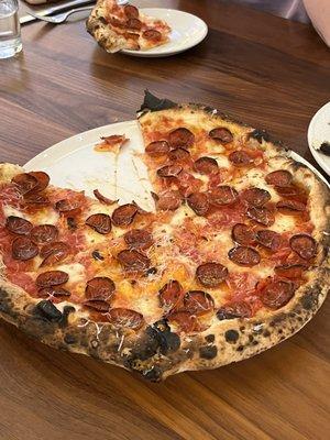 Oven fired pepperoni pizza