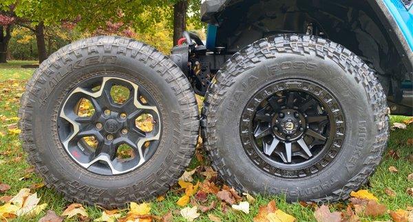 Stock wheels to 17" Fuel Covert with 35" Mickey Thompson Baja Boss