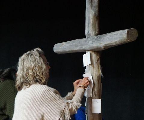 A unique part of our service every week  is when people get to write what they want to surrender to Jesus and tack it up on the cross.