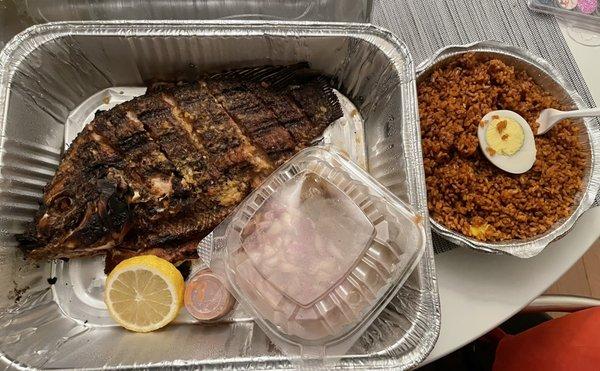 (After 630 pm Only) Grilled Fish Jolof rice (2 kinds of onions in container) Sooooooo good!!!