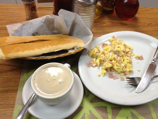 This is the $3.20 breakfast special. Not bad for $3.20. Great cafe con leche!