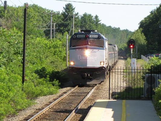 Southbound Downeaster train arrives at the station