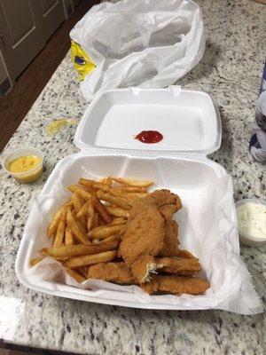 Chicken fingers + fries (fries are really good)