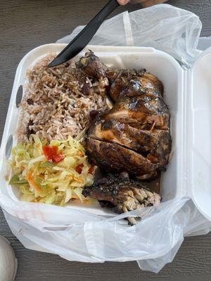 Jerk chicken with rice and beans