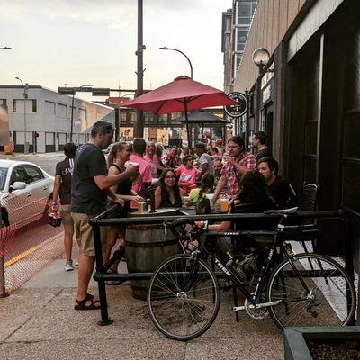 Folks hanging out on the Jackson Street Brewing patio.