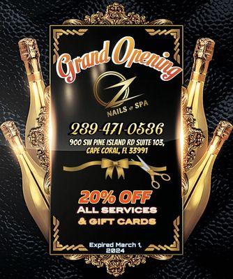 Grand opening. 20% Off All Services and Gift Cards.