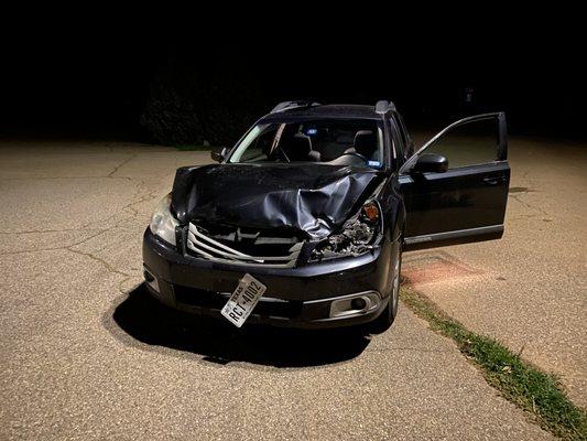 5 a.m. Colorado. Just hit a 300-lb 6-8 point mule deer. Car was eventually totaled.