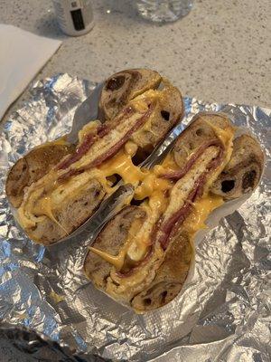 Turkey bacon, egg, and cheese on a cinnamon raisin bagel. Delicious!