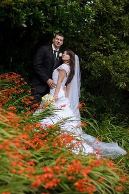 The bride wearing the dress Lena created.