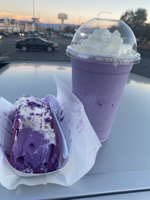 Ube/Taro rolled taco and Ube shake