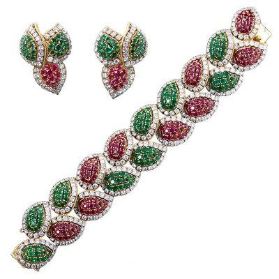 Emerald Ruby Diamond Red Green Suite Bracelet and Earrings