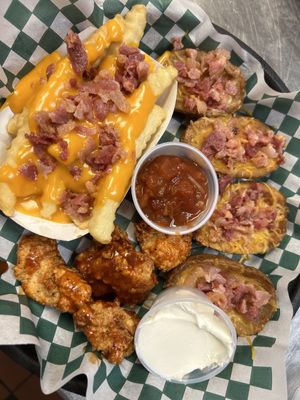 Pick 3 appetizer potato skins, bacon cheese fries, & boneless wings