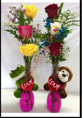 Glass "barbie" arrangement with choice of teddy bear with 3 roses. Please call for pricing details.