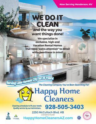 Happy Home Cleaners is your go-to house cleaner when it comes to doing it your way.  Construction clean, move in, move out - call us today.